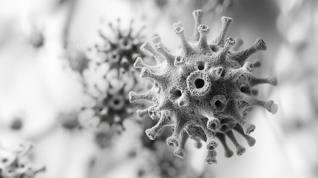 Close-up of an extremely detailed grayscale representation of the SARS-CoV-2 virus, surrounded by blurred natural elements. The background is softly out of focus