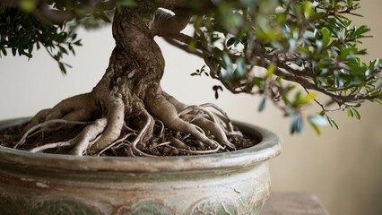 Fototapeta premium Ancient bonsai with twisted roots and weathered pot in focus