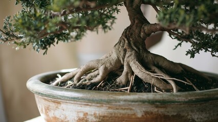 Fototapeta premium Ancient bonsai with twisted roots and weathered pot in focus