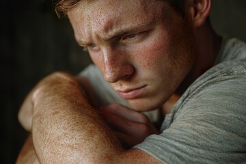Naklejka premium Young Man with Itchy Skin, Scratching Arm from Dermatitis, Eczema, or Bites