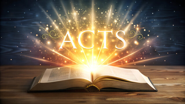 illustration, open book bible, Acts, word of god, light on the book, AI generated
