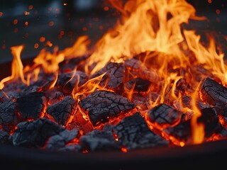 Close-up of a bonfire with glowing embers and flames.