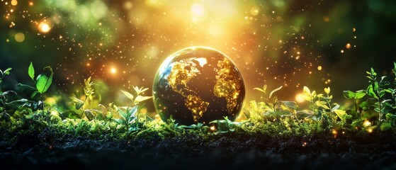 Obraz premium Eco-Friendly Holographic Infographic Display on Nature Conservation and Environmental Care Wide Banner with Copy Space