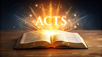 illustration, open book bible, Acts, word of god, light on the book, AI generated