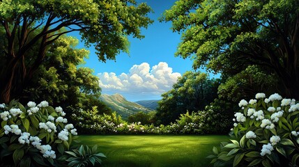 Obraz premium A serene landscape showcasing lush greenery, blooming flowers, and a clear blue sky, perfect for nature-inspired themes.