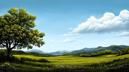 Fototapeta premium A serene landscape featuring a lush green field, a solitary tree, rolling hills, and a bright blue sky with fluffy clouds.
