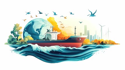 Naklejka premium A vibrant scene showcasing a cargo ship navigating through waves with a backdrop of the earth, wind turbines, and city skyline.