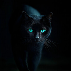 Obraz premium Black cat with glowing cyan eyes walking confidently in darkness