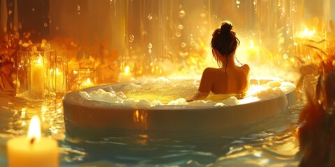 Obraz premium Woman taking a warm bath by candles and essential oils, with steam rising from the water illustration