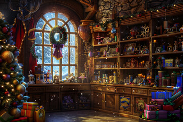 Obraz premium Cozy christmas festive scene with decorations, a warming fireplace and a christmas tree, Happy christmas, full of seasons greetings