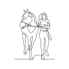 One continuous line drawing of 
someone is leading his horse vector illustration. Animal themes design concept in simple linear style vector. Good asset for educational presentation animal purpose.