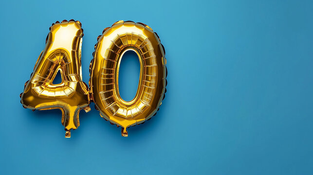 A golden foil balloon shaped like the number "40" against a blue background with ample space for text creates a festive and celebratory atmosphere. Ideal for marking a milestone birthday or special ev