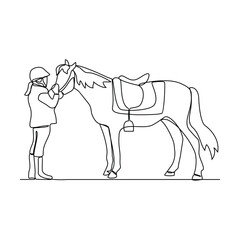 One continuous line drawing of 
someone is leading his horse vector illustration. Animal themes design concept in simple linear style vector. Good asset for educational presentation animal purpose.