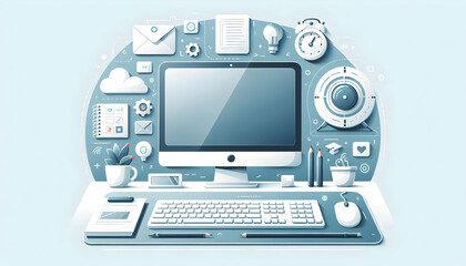 Online Education Workstation: Monitor and Keyboard Isolated Vector on White Background - Ideal for Educational and Digital Content - Photo Stock Concept (134 characters)