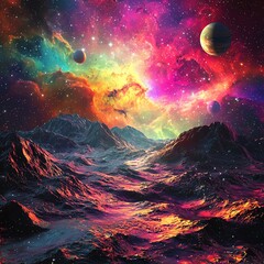 Vibrant cosmic landscape with colorful nebulae, stars, and planets.