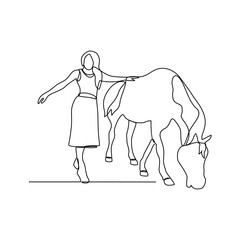 One continuous line drawing of 
someone is leading his horse vector illustration. Animal themes design concept in simple linear style vector. Good asset for educational presentation animal purpose.