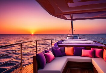 Fototapeta premium vibrant sunset illuminating shadows luxurious yacht deck rich colors scenic ocean view, luxury, water, sky, reflection, evening, light, atmosphere, beautiful