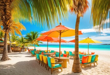 Fototapeta premium vibrant beach seating setup tropical decor elements showcasing colorful tables under clear blue skies, cushions, umbrellas, sun, sand, ocean, coastline, palm