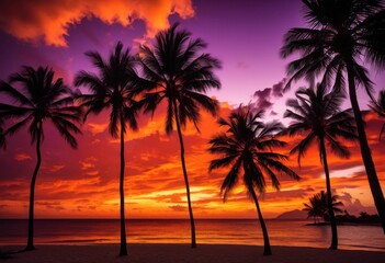 Obraz premium vibrant palm tree silhouettes framed stunning sunset rich colors dramatic sky, beach, coast, orange, yellow, red, clouds, nature, landscape, evening