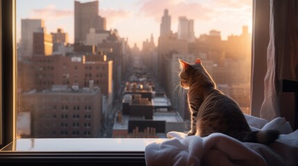 Brown tabby cat with green eyes looks outside from the window indoors. Neural network ai generated art