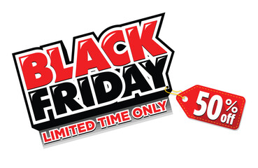 Fototapeta premium Black Friday limited time only. Header with price sticker and discount 50% off. Vector template on transparent background