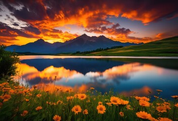 Naklejka premium breathtaking sunset over scenic landscape captured during adventurous exploration vivid colors natural beauty, beach, scenery, sky, clouds, nature, horizon