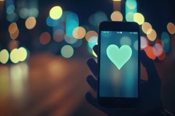 Smartphone displaying a heart icon against a blurred city lights background.