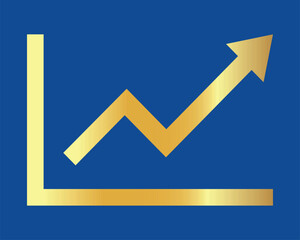 Golden shiny arrow is going up isolated on a blue background. Gold arrow, Vector.Business concept, growing chart. Concept of sales symbol icon with arrow moving up. Economic Arrow With Growing Trend.