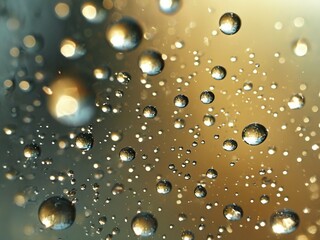 Close-up of water droplets on a surface with a blurred background. The droplets are round and reflective, catching the light and creating a sparkling effect. The background is a soft, golden color
