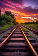 Obraz premium vibrant sunset reflecting weathered train tracks creating beautiful landscape scene, reflection, colors, sky, clouds, nature, evening, light, shadows