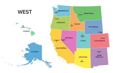 West, U.S. census region, multi colored political map. Census region 4 of the United States, consisting of 13 single states. Colored silhouettes of single states with borders and their capitals. © Peter Hermes Furian
