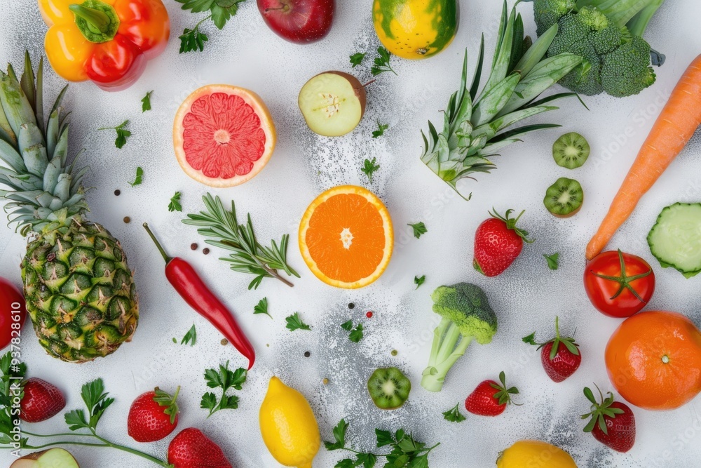 Poster a colorful selection of fruits and vegetables arranged on a white background