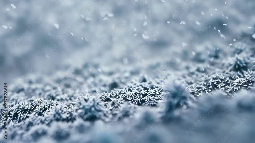 Poster delicate snowflakes are accumulating on a frozen surface, creating a captivating winter wonderland s