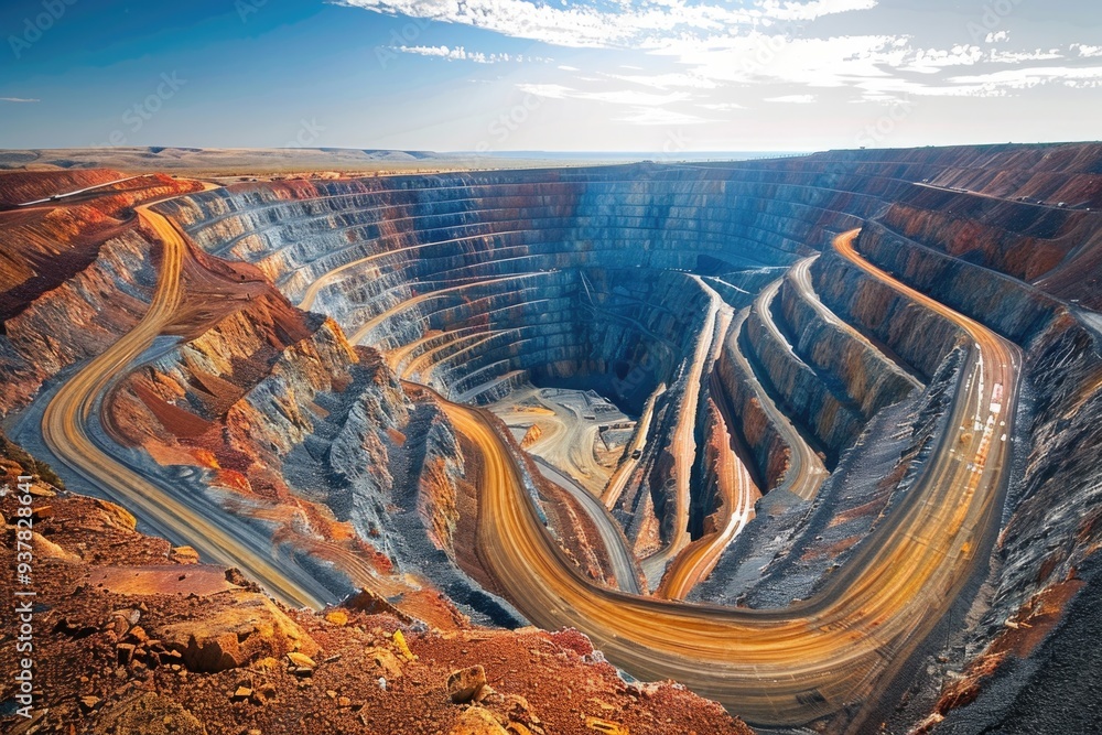 Aufkleber a large open pit mine filled with dirt, ideal for use in infrastructure or industrial projects