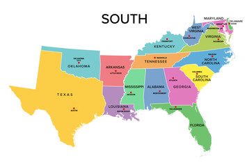 South, U.S. census region, colored political map. Census region 3 of United States, consisting of 16 single states and District of Columbia. Colored silhouettes of States with borders and capitals.