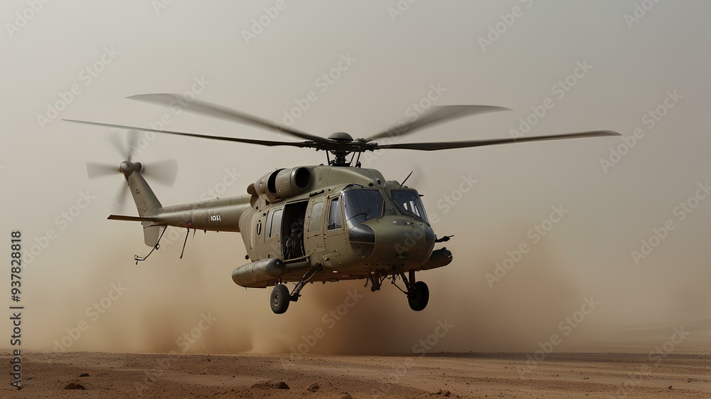 Wall mural military helicopter takes off in thick dust clouds.