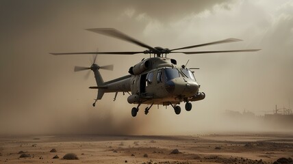 military helicopter takes off in thick dust clouds.