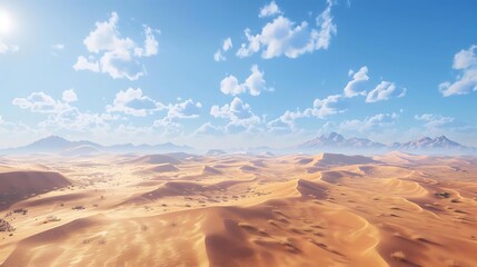 Naklejka premium A vast desert landscape under a bright blue sky with scattered clouds and distant mountains.