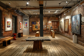 Eclectic art gallery with tinted brick walls and spotlighting.