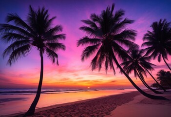 vibrant beach sunset showcasing captivating silhouettes palm trees colorful sky, landscape, tropical, nature, scenery, light, clouds, orange, yellow, pink