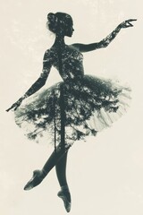 double exposure photo - silhouette of a ballerina with a forest in the background