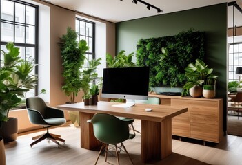 dynamic workspace showcasing modern design elements surrounded lush green plants fresh inviting atmosphere, greenery, interior, aesthetic, decor, furniture