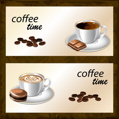 Set of banners with coffee.Colored vector set of beautiful banners with coffee in cups and text.