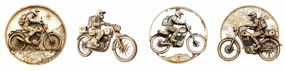 Obraz premium Sepia illustrations of adventure motorcycle riders featuring maps and compass motifs, symbolizing exploration and travel across rugged terrains.