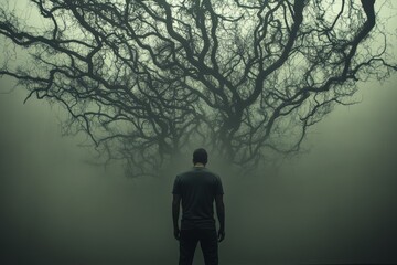Person standing before massive tree with tangled roots symbolizing the complexity of thought the depth of the subconscious mind and the intricate connections that shape our perception of the world