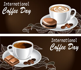 Set of banners with coffee cups.Vector banners with the concept of international coffee day for advertising and marketing.Coffee in cups on a colorful abstract background.