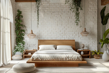 Contemporary bedroom design with a platform bed and abstract white brick texture feature wall.