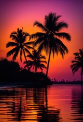 Obraz premium tropical palm silhouette framed vibrant sunset hues purple stunning natural landscape, orange, pink, sky, clouds, evening, scenery, light, colors, beauty