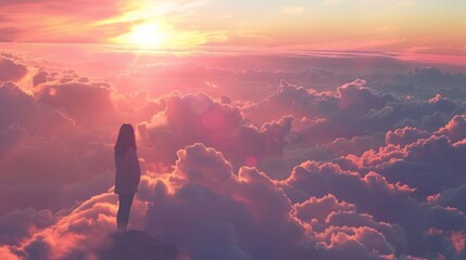 Fototapeta premium tranquil scene where a young woman stands on a high vantage point