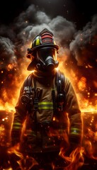 Fototapeta premium Firefighter with burning background